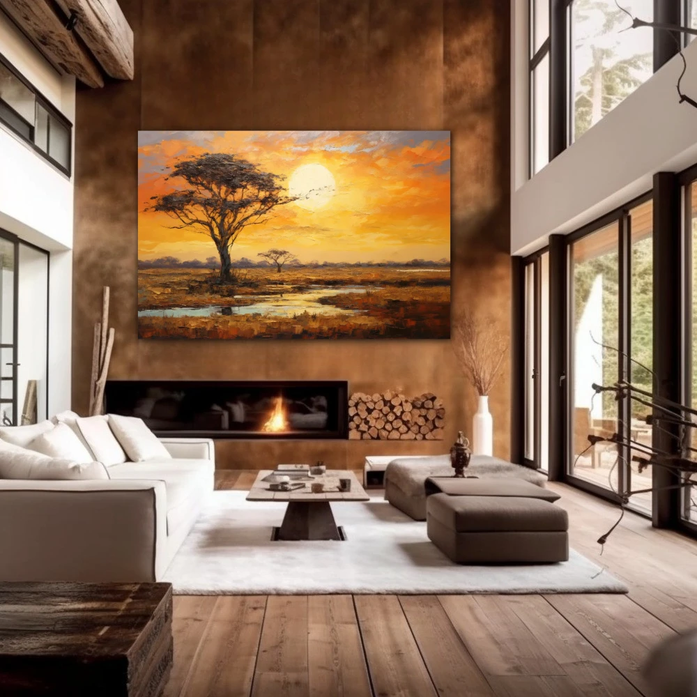 Wall Art titled: Sunset in the Savannah in a Horizontal format with: Yellow, Brown, and Orange Colors; Decoration the Fireplace wall