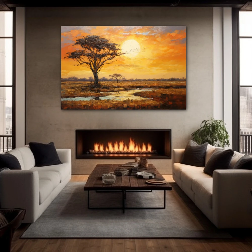 Wall Art titled: Sunset in the Savannah in a Horizontal format with: Yellow, Brown, and Orange Colors; Decoration the Fireplace wall