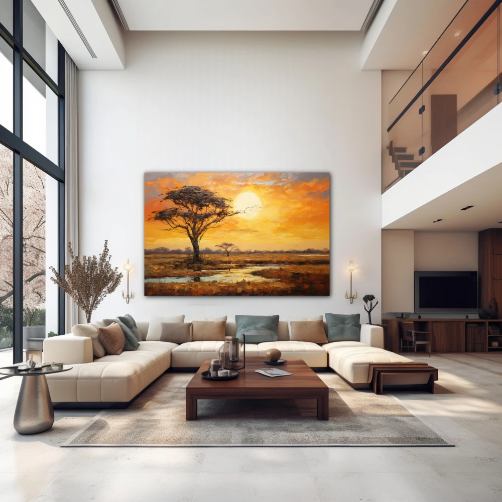 Wall Art titled: Sunset in the Savannah in a Horizontal format with: Yellow, Brown, and Orange Colors; Decoration the Above Couch wall