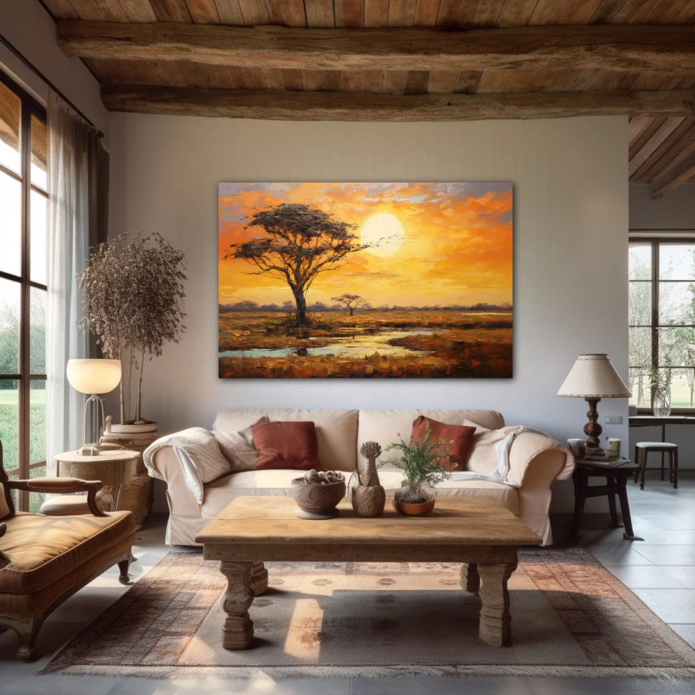 Wall Art titled: Sunset in the Savannah in a Horizontal format with: Yellow, Brown, and Orange Colors; Decoration the Above Couch wall