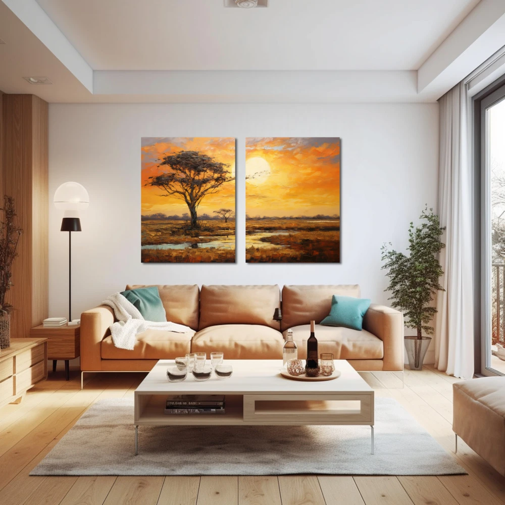 Wall Art titled: Sunset in the Savannah in a Horizontal format with: Yellow, Brown, and Orange Colors; Decoration the Above Couch wall