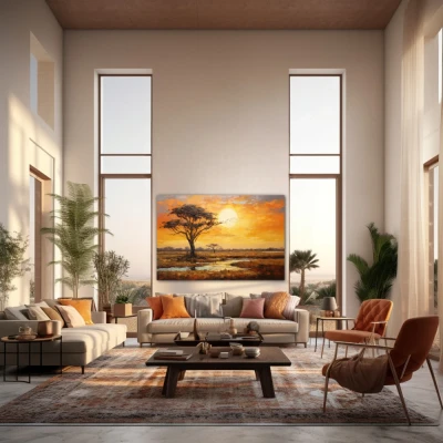 Wall Art titled: Sunset in the Savannah in a  format with: Yellow, Brown, and Orange Colors; Decoration the Living Room wall