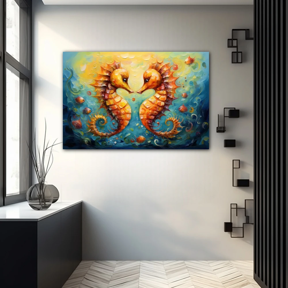 Cuadro susurros coralinos entrelazados en formato horizontal con colores naranja; decorando pared gris