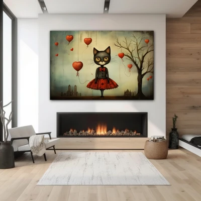 Cuadro Whiskers in Wonderland en formato horizontal con colores Gris, Rojo; Decorando pared de Chimenea