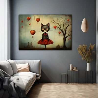 Cuadro Whiskers in Wonderland en formato horizontal con colores Gris, Rojo; Decorando Pared gris