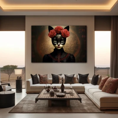 Wall Art titled: Floral Feline Mystique in a Horizontal format with: Black, and Red Colors; Decoration the Living Room wall