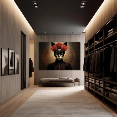 Wall Art titled: Floral Feline Mystique in a Horizontal format with: Black, and Red Colors; Decoration the Dressing Room wall