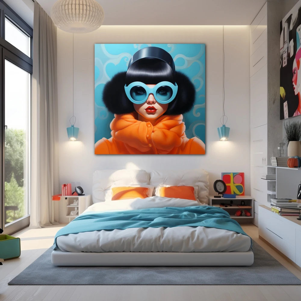 Cuadro burbujas de elegancia moderna en formato cuadrado con colores celeste, naranja, negro; decorando pared de dormitorio juvenil