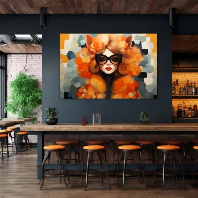 Cuadro femme fleur en formato horizontal con colores gris, naranja; decorando pared de bar