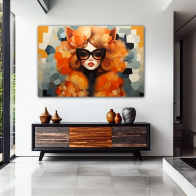 Cuadro femme fleur en formato horizontal con colores gris, naranja; decorando pared de entrada y recibidor Cuadro femme fleur en formato horizontal con colores gris, naranja; decorando pared de entrada y recibidor
