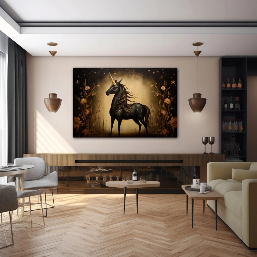 Wall Art titled: Nocturnal Myth in Bloom in a Horizontal format with: Golden, Brown, and Black Colors; Decoration the Bar wall