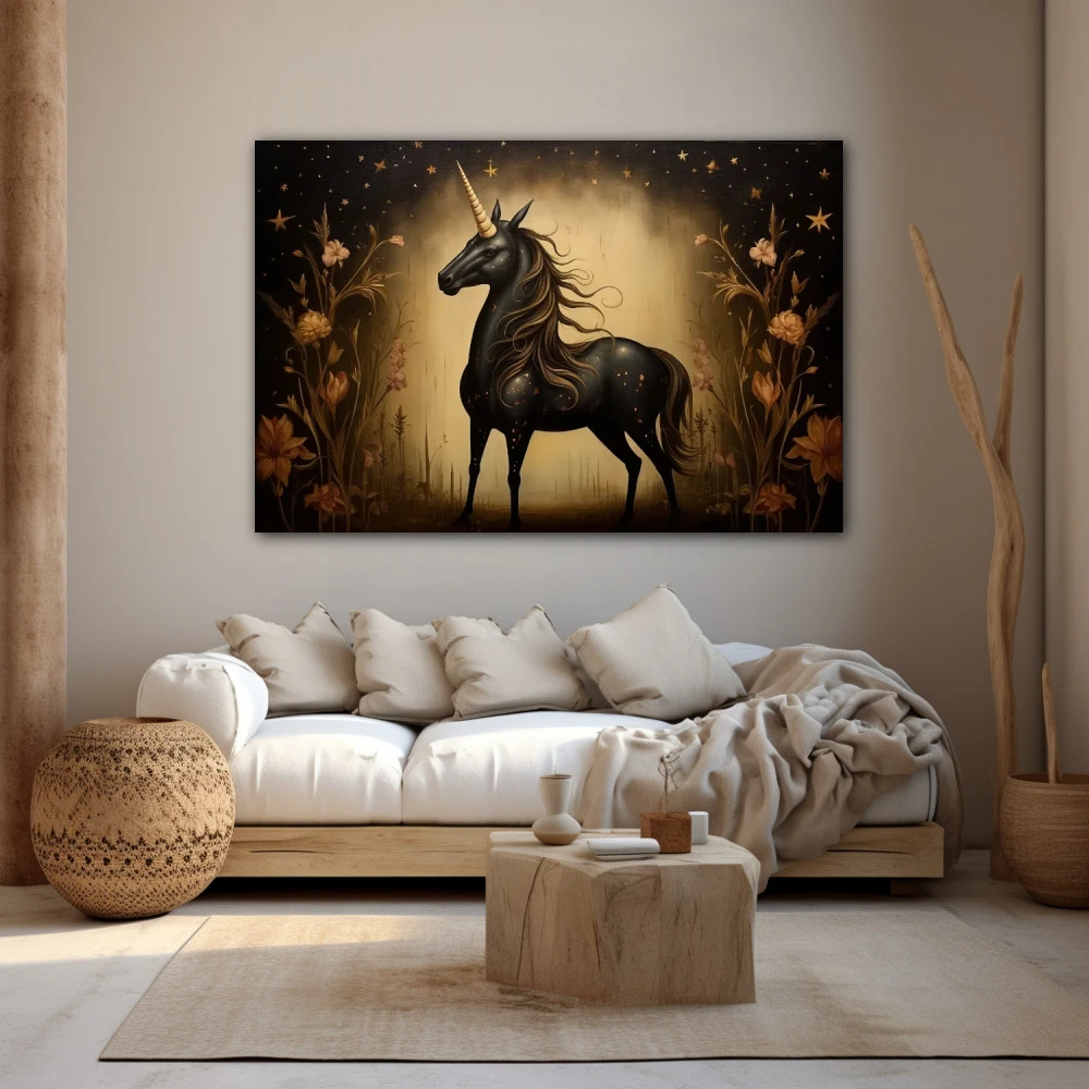 Wall Art titled: Nocturnal Myth in Bloom in a Horizontal format with: Golden, Brown, and Black Colors; Decoration the Beige Wall wall