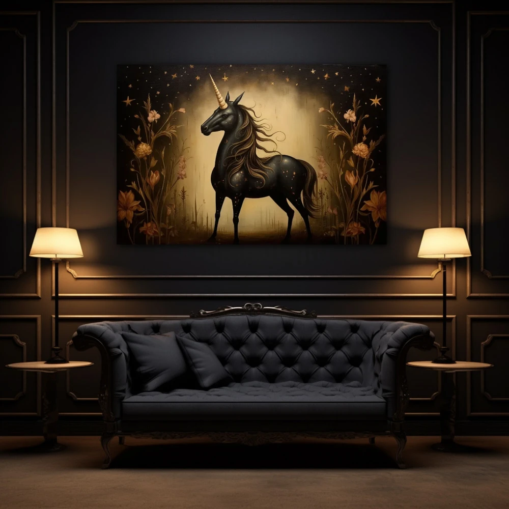 Wall Art titled: Nocturnal Myth in Bloom in a Horizontal format with: Golden, Brown, and Black Colors; Decoration the Above Couch wall