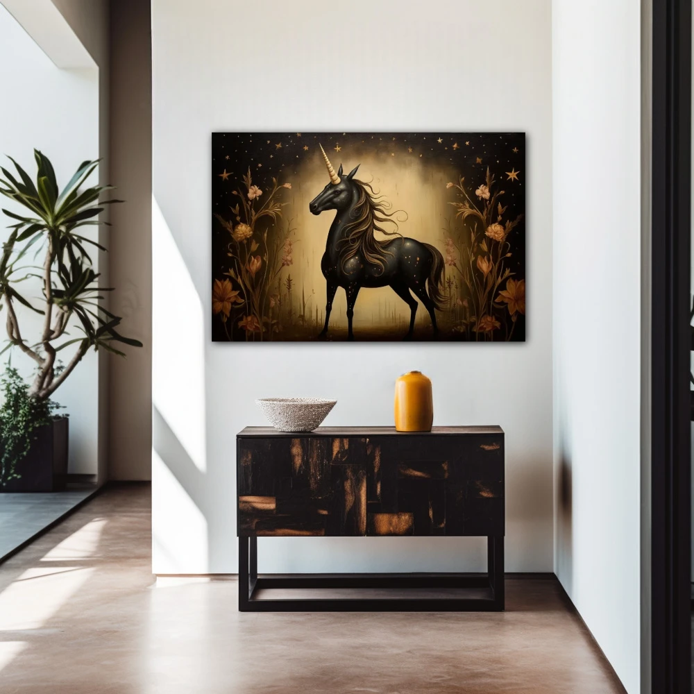 Wall Art titled: Nocturnal Myth in Bloom in a Horizontal format with: Golden, Brown, and Black Colors; Decoration the Entryway wall