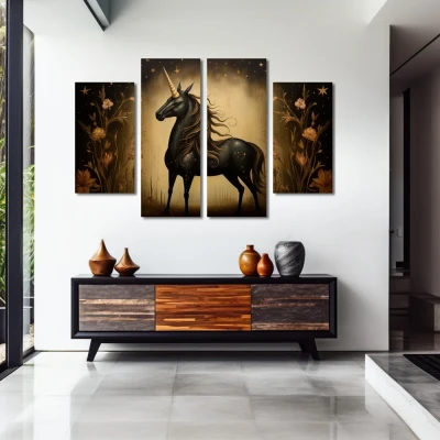 Cuadro nocturnal myth in bloom en formato políptico con colores dorado, marrón, negro; decorando pared de entrada y recibidor