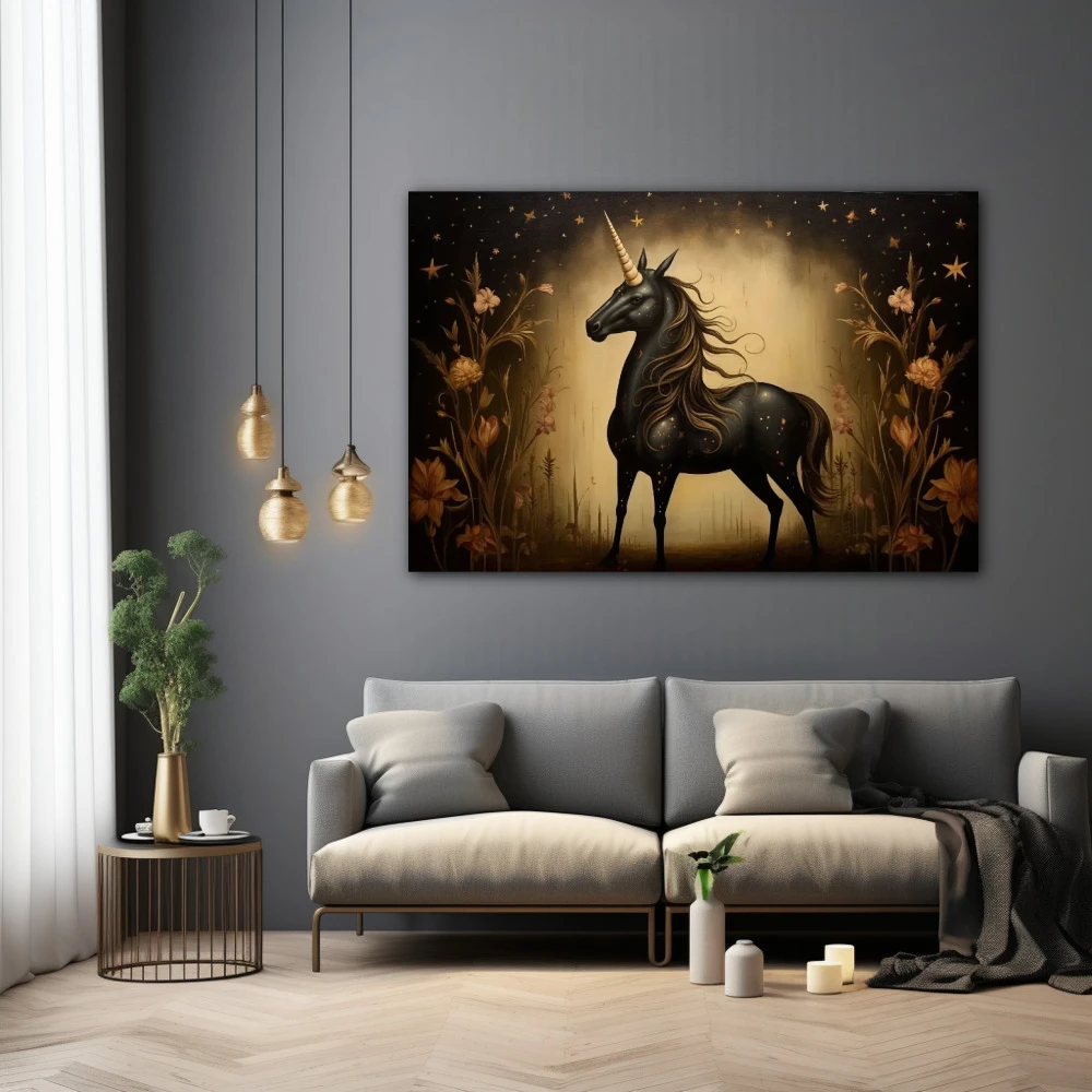 Wall Art titled: Nocturnal Myth in Bloom in a Horizontal format with: Golden, Brown, and Black Colors; Decoration the Grey Walls wall