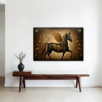 Cuadro galope onírico en formato horizontal con colores dorado, marrón; decorando pared blanca