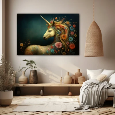 Wall Art titled: Essence of Fantasy in a Horizontal format with: Blue, and Orange Colors; Decoration the Beige Wall wall Wall Art titled: Essence of Fantasy in a Horizontal format with: Blue, and Orange Colors; Decoration the Beige Wall wall