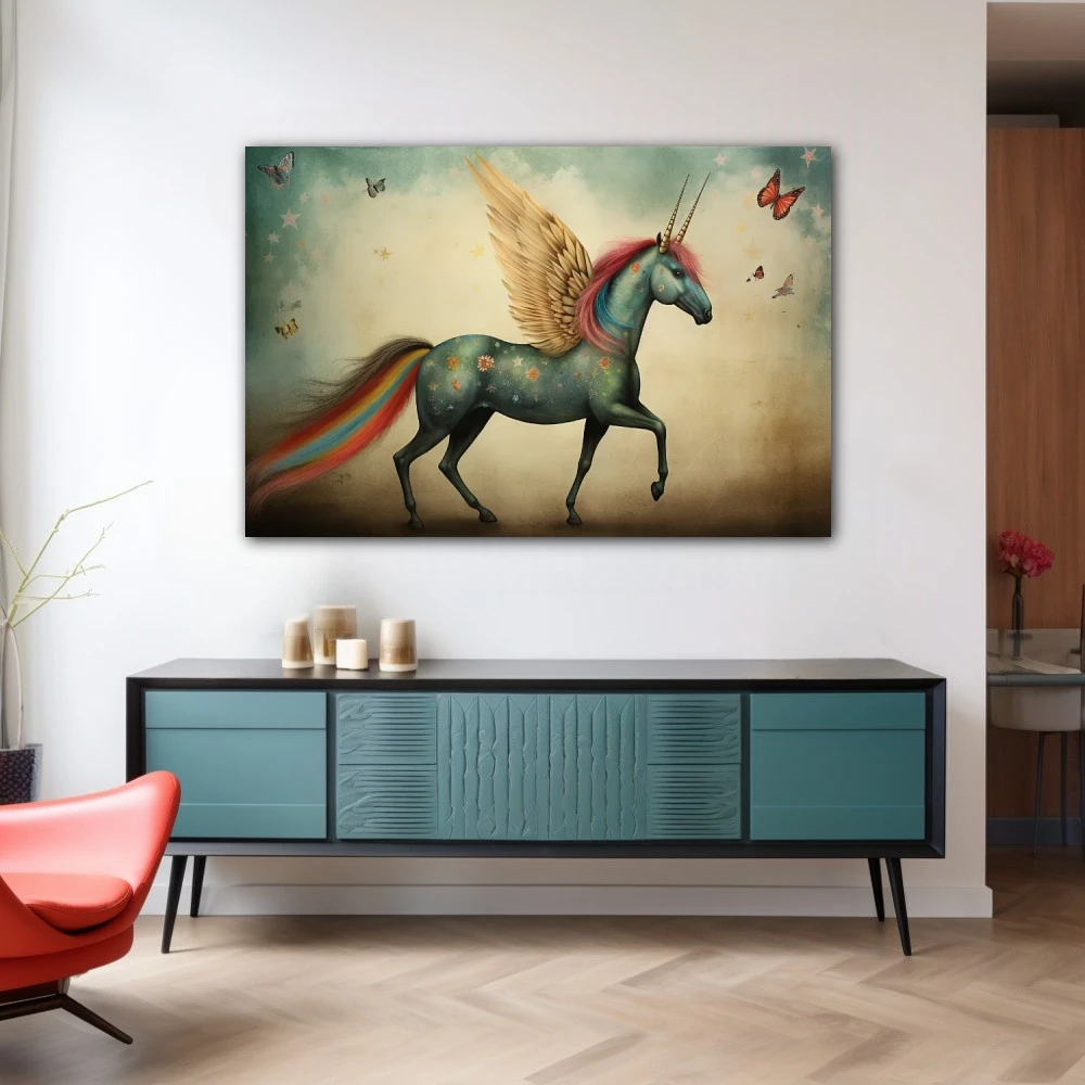 Wall Art titled: The Dreamlike Flight in a Horizontal format with: Blue, Red, and Pink Colors; Decoration the Sideboard wall