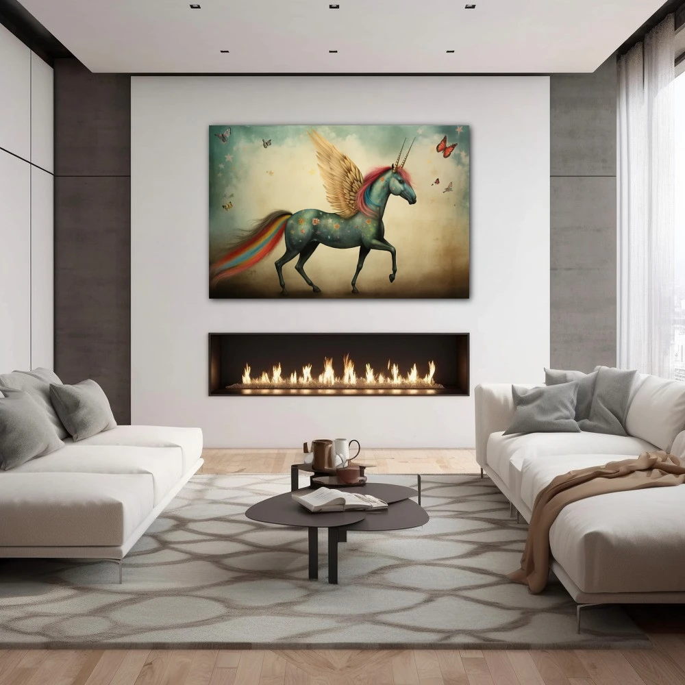 Cuadro el vuelo onírico en formato horizontal con colores azul, rojo, rosa; decorando pared de chimenea