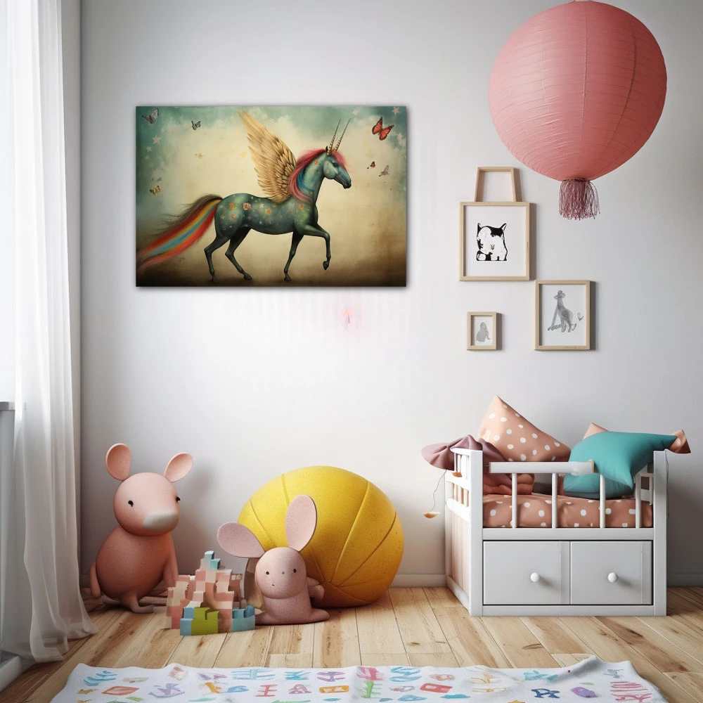 Wall Art titled: The Dreamlike Flight in a Horizontal format with: Blue, Red, and Pink Colors; Decoration the Nursery wall