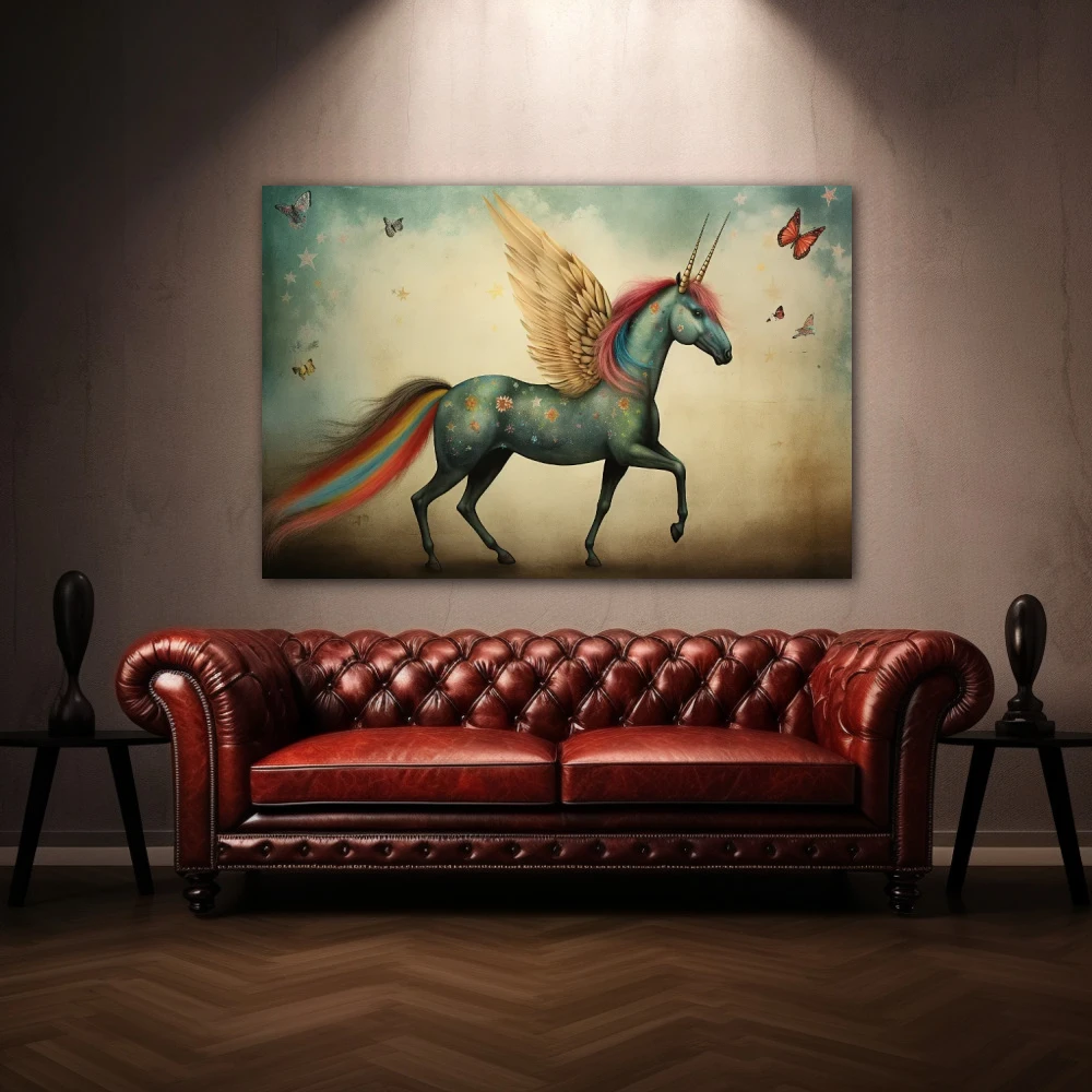 Wall Art titled: The Dreamlike Flight in a Horizontal format with: Blue, Red, and Pink Colors; Decoration the Above Couch wall