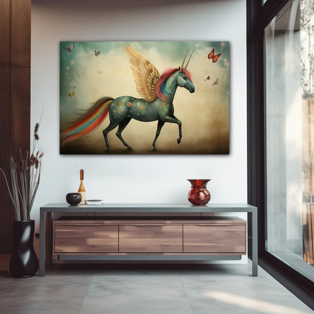 Wall Art titled: The Dreamlike Flight in a Horizontal format with: Blue, Red, and Pink Colors; Decoration the Entryway wall