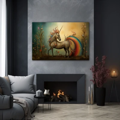 Cuadro galope hacia gaia en formato horizontal con colores azul, dorado, rojo; decorando pared gris