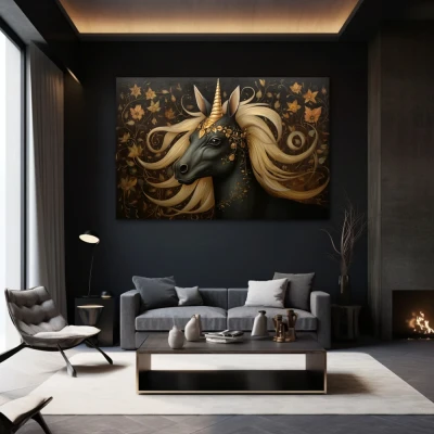 Cuadro l'Énigme licorne en formato horizontal con colores dorado, marrón; decorando pared negra