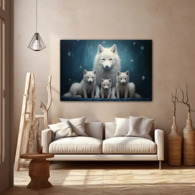 Cuadro guardianes de la esencia en formato horizontal con colores azul, blanco; decorando pared beige