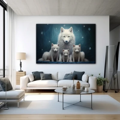 Cuadro guardianes de la esencia en formato horizontal con colores azul, blanco; decorando pared blanca