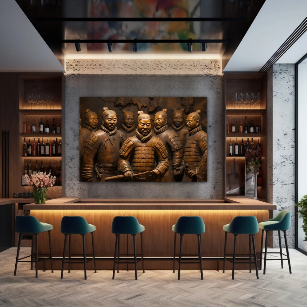 Wall Art titled: Terracotta Warriors in a Horizontal format with: and Golden Colors; Decoration the Bar wall