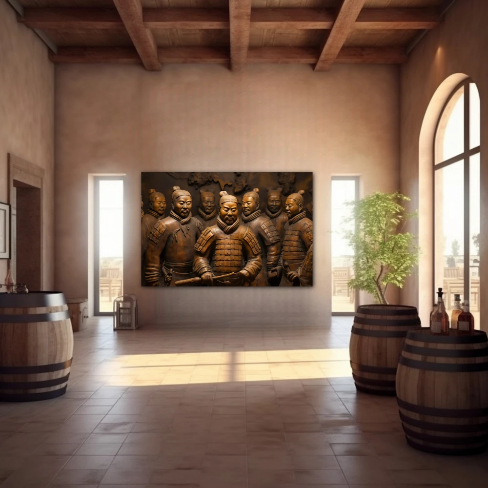 Wall Art titled: Terracotta Warriors in a Horizontal format with: and Golden Colors; Decoration the Winery wall