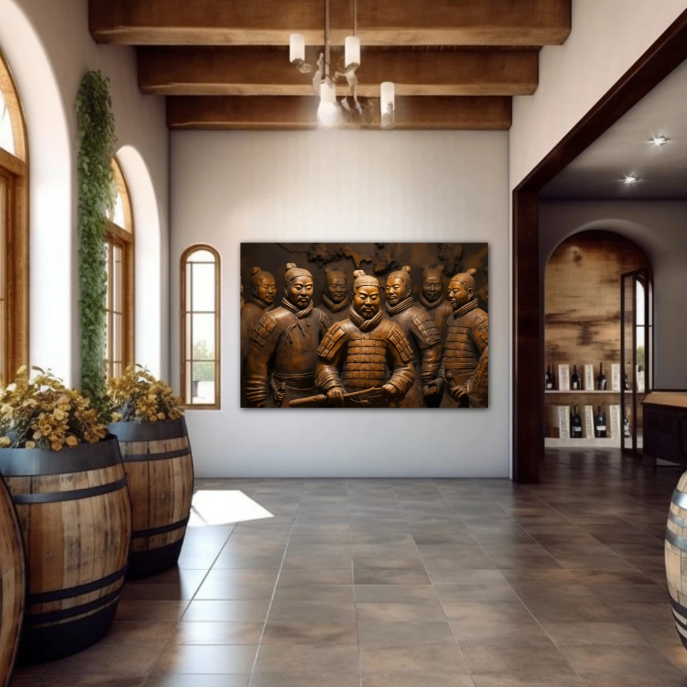 Wall Art titled: Terracotta Warriors in a Horizontal format with: and Golden Colors; Decoration the Winery wall