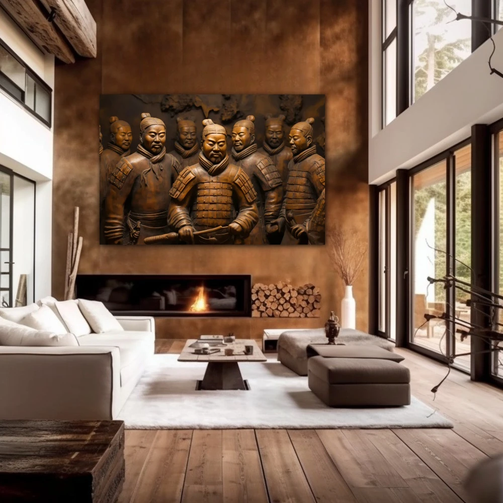 Wall Art titled: Terracotta Warriors in a Horizontal format with: and Golden Colors; Decoration the Fireplace wall