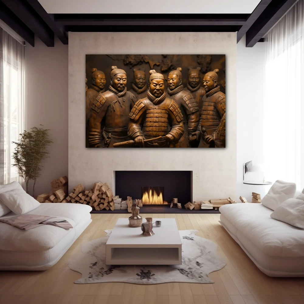 Wall Art titled: Terracotta Warriors in a Horizontal format with: and Golden Colors; Decoration the Fireplace wall