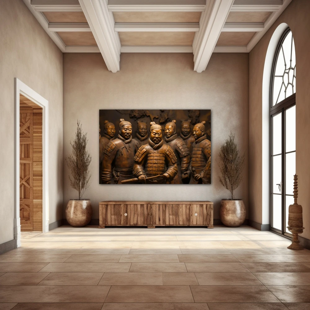 Wall Art titled: Terracotta Warriors in a Horizontal format with: and Golden Colors; Decoration the Entryway wall