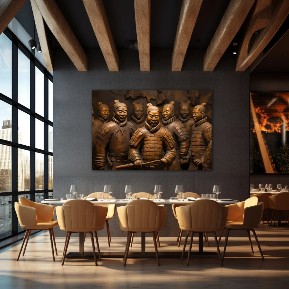 Wall Art titled: Terracotta Warriors in a Horizontal format with: and Golden Colors; Decoration the Restaurant wall