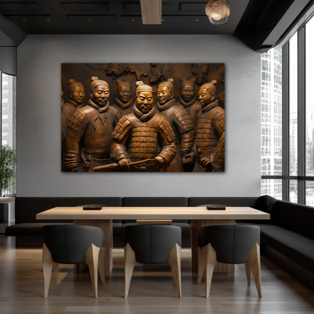 Wall Art titled: Terracotta Warriors in a Horizontal format with: and Golden Colors; Decoration the Restaurant wall