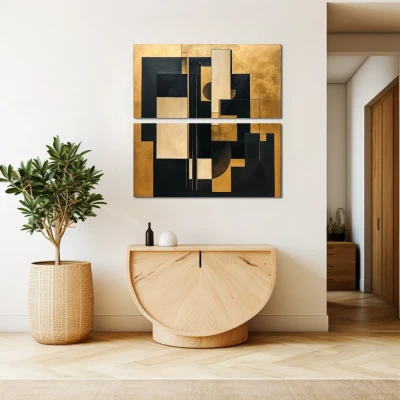 Cuadro fragmentos dorados de eternidad en formato díptico con colores dorado, negro; decorando pared beige
