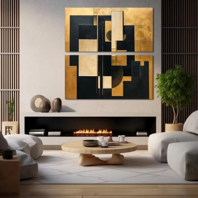 Cuadro fragmentos dorados de eternidad en formato díptico con colores dorado, negro; decorando pared de chimenea