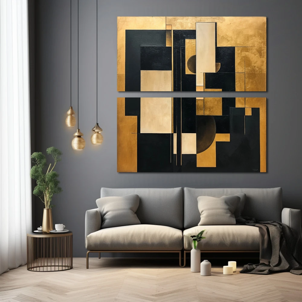 Wall Art titled: Golden Fragments of Eternity in a Square format with: Golden, and Black Colors; Decoration the Grey Walls wall