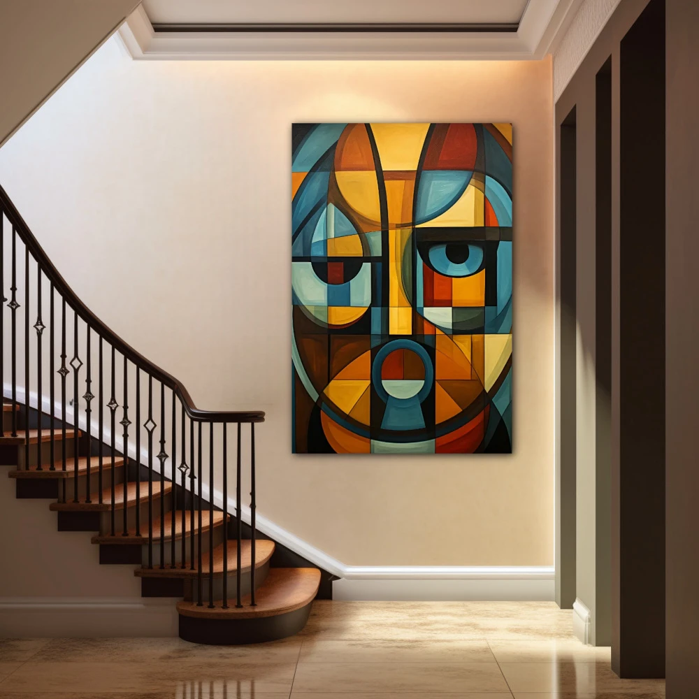 Wall Art titled: Decomposed Psyche in a Vertical format with: Blue, and Orange Colors; Decoration the Staircase wall