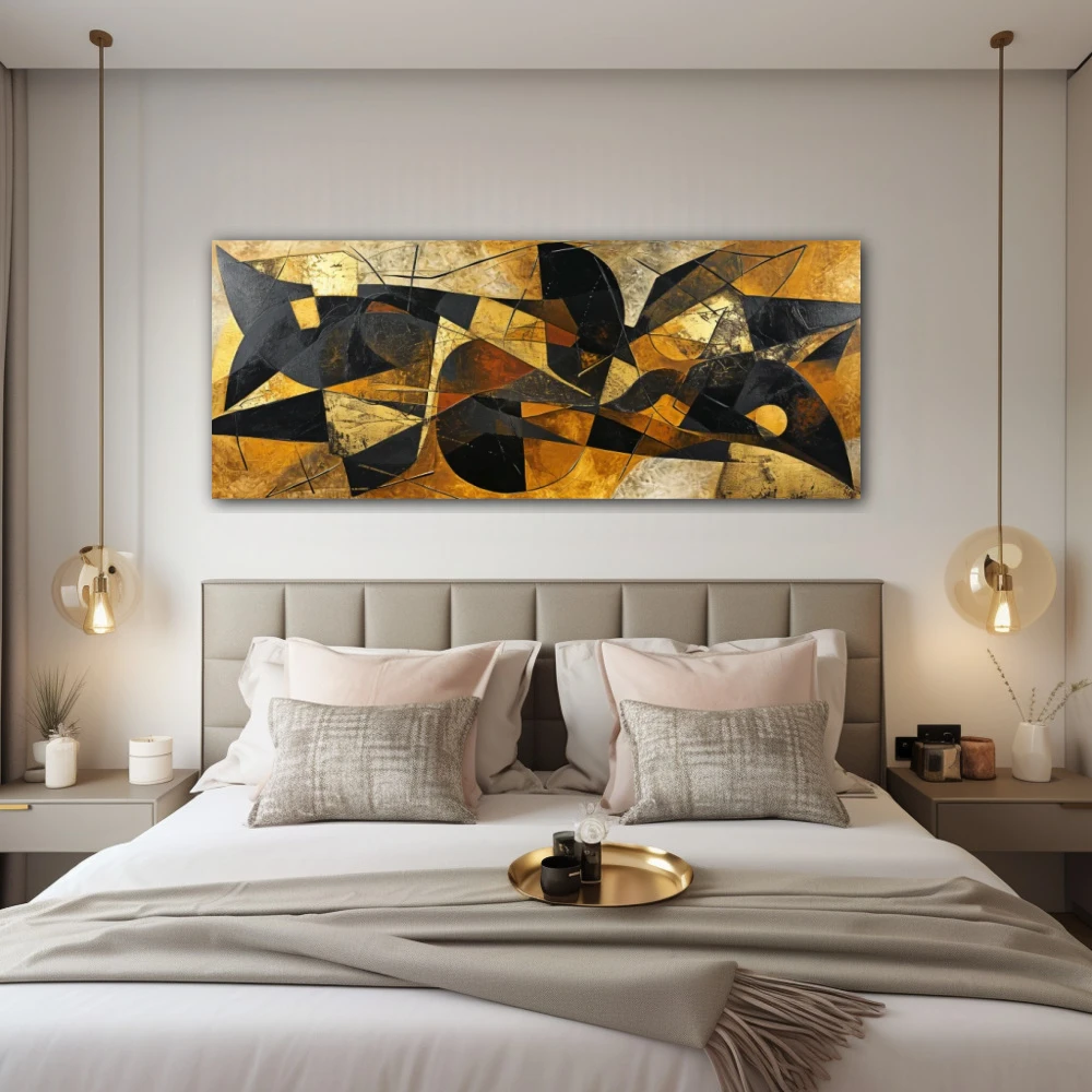 Cuadro fragmentos de un sueño en formato apaisado con colores dorado, marrón, negro; decorando pared de habitación dormitorio