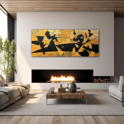 Cuadro emociones viscerales en formato apaisado con colores amarillo, mostaza, negro; decorando pared de chimenea