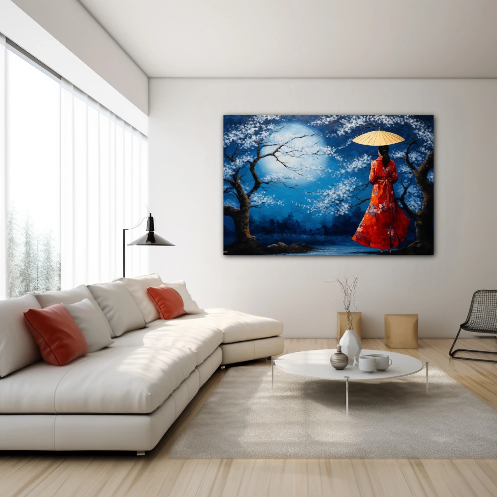 Cuadro luna de oriente en formato horizontal con colores azul, rojo; decorando pared blanca