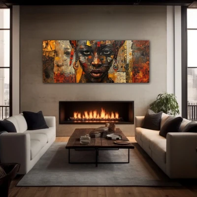 Wall Art titled: Songs of the Skin in a Elongated format with: Brown, and Mustard Colors; Decoration the Fireplace wall