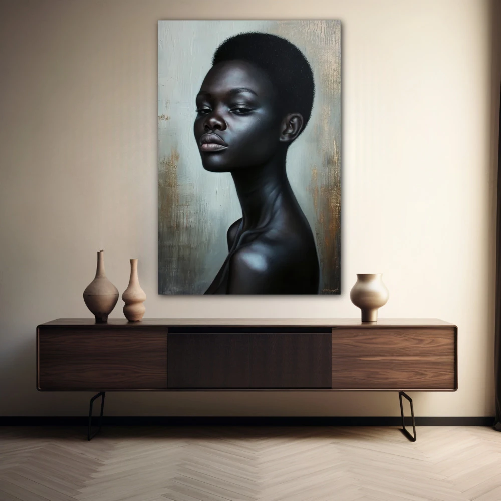 Wall Art titled: Kaya Kamara in a Vertical format with: Sky blue, and Black Colors; Decoration the Sideboard wall