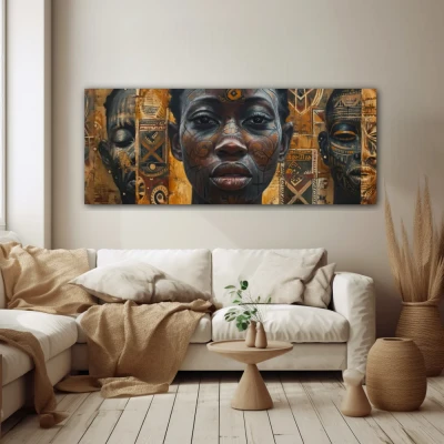 Cuadro mirada a través del tiempo en formato apaisado con colores marrón, mostaza, negro; decorando pared beige