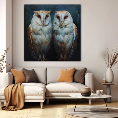 Wall Art titled: Guardians of the Twilight in a Square format with: Blue, white, and Grey Colors; Decoration the White Wall wall